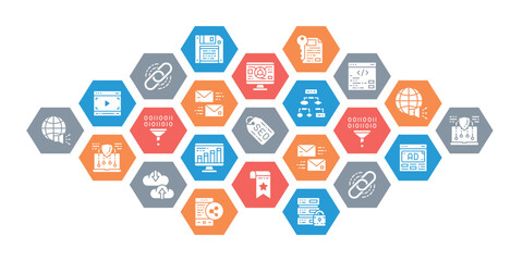 SEO web design banner and presentation. Bookmark, Hosting, Hyperlink, Advertisement, Data Transfer vector illustration.