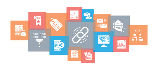 SEO line icons banner. Bookmark, Hosting, Hyperlink, Advertisement, Data Transfer promotion illustration for ecommerce banner.