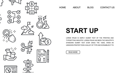 Start up landing page template in line style. Time management, idea generation, presentation illustration design concept for web page design.