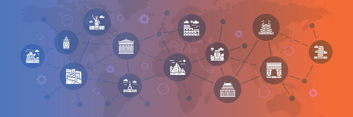 Obraz premium Travel Landmark icons infographic banner. Egypt, Italy, United Kingdom, France, India, USA vector illustration for presentation banner.