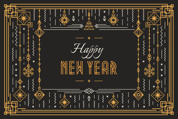 Vector happy new year celebration banner concept trendy typography and holidays toys art deco style for greeting card, poster, christmas invitation, party, flyer. 10 eps