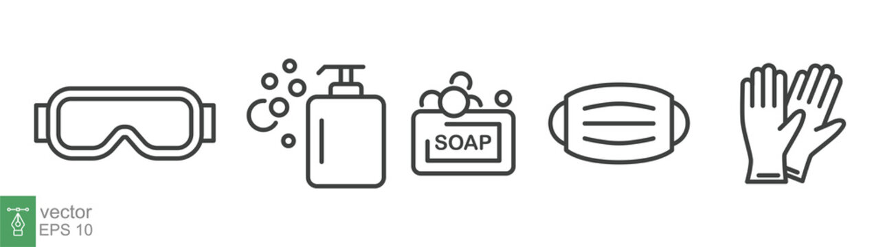 Personal Protection Equipment Icons. Medical Mask, Latex Gloves, Soap, Dispenser, Protective Glasses, Coronavirus, Covid 19 Prevention Items. Line, Outline Symbols Isolated. Vector Illustration EPS 10