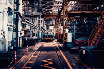 Assembly workshop at big industrial plant. Tractor assembling