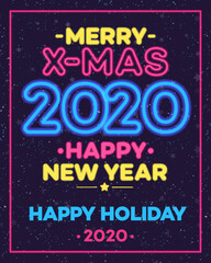 Christmas celebration neon poster with christmas wish xmas 2020 and Happy New Year on snow holiday background for flyer, brochure, party poster, greeting card, invitation, printing. Vector 10 eps
