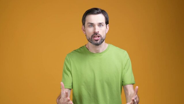Furious guy have conflict with friend scream isolated shine color background