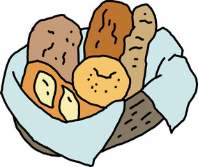 Tasty fresh bread from oven. Healthy food to every day dish. For bakery shop logo, cafe poster, restaurant menu. Hand drawn vector illustration. Cartoon retro vintage line style drawing.