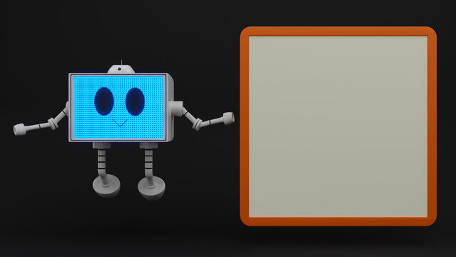 Cute Robot and blank canvas on black background.  3D Illustration, Mock up.