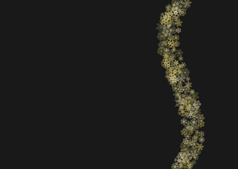 Gold snowflakes frame on black background. New year theme. Horizontal shiny Christmas frame for holiday banner, card, sale, special offer. Falling snow with gold snowflake and glitter for party invite