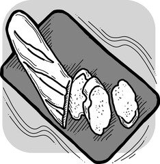 Tasty fresh bread from oven. Healthy food to every day dish. For bakery shop logo, cafe poster, restaurant menu. Hand drawn vector illustration. Cartoon retro vintage line style drawing.