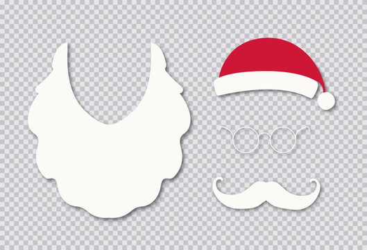 Santa hat, bread and mustache isolated on transparent background for photo booth, scrapbooking, video chat effect, festive, party, mask for social media. New year costume. Winter cap. Vector 10 eps