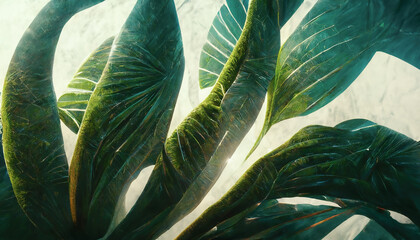 Green tropical leaves. Vegetable green background. Abstract monstera leaves. 3D illustration.
