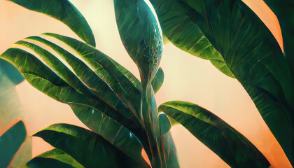 Fototapeta na wymiar Green tropical leaves. Vegetable green background. Abstract monstera leaves. 3D illustration.