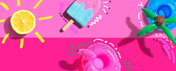 Summer concept with a flamingo float, lemon sunlight and a popsicle - flat lay
