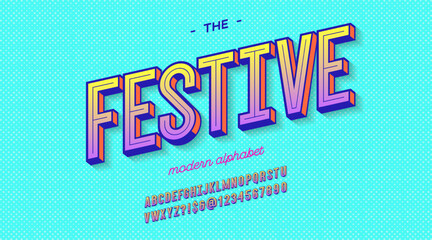 Festive font 3d bold style for summer party poster, t shirt, flier, decoration, card, sale banner, printing on fabric, industrial. Cool typeface. Trendy alphabet. Vector 10 eps