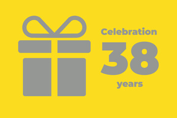 38 th Anniversary. Happy 38th birthday. Celebration 38 years. Yellow greeting card. Postcard for YY years. Baner with a silhouette of a gift.  thirty-eight  anniversary logo