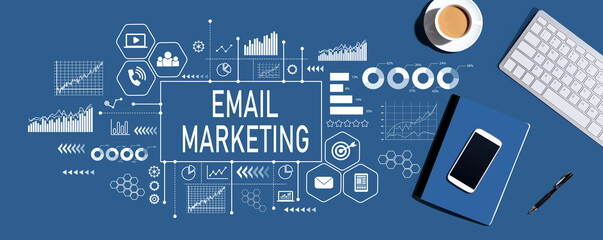 Email marketing with a computer keyboard and office items