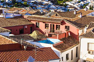 Beautiful roof patio at on of the old tiled houses in Ronda old town, Andalusia, Spain