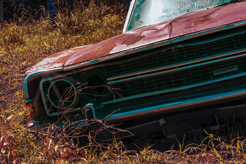 Close-up of the front of an old abandoned car all dilapidated and parked in the middle of a countryfield outdoors