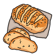 Tasty fresh bread from oven. Healthy food to every day dish. For bakery shop logo, cafe poster, restaurant menu. Hand drawn illustration. Cartoon retro vintage line style drawing.