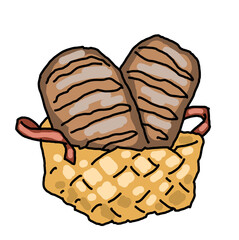 Tasty fresh bread from oven. Healthy food to every day dish. For bakery shop logo, cafe poster, restaurant menu. Hand drawn illustration. Cartoon retro vintage line style drawing.