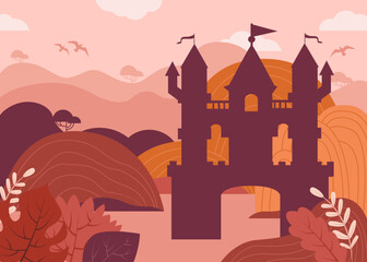 Fototapeta premium Silhouette of Fairy tale castle in mountain