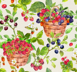 Baskets with various berries on floral background. Watercolor food seamless pattern with summer fruits in forest or garden - blueberry, blackberry, raspberry, cranberry, strawberry