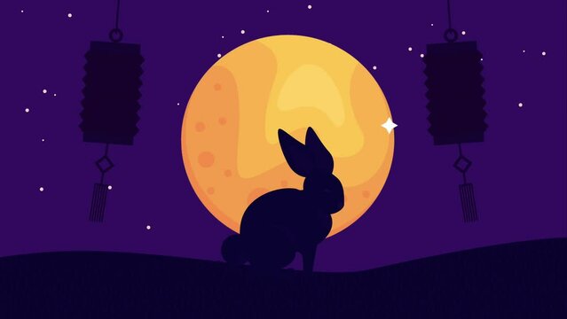 happy moon festival animation with rabbit silhouette