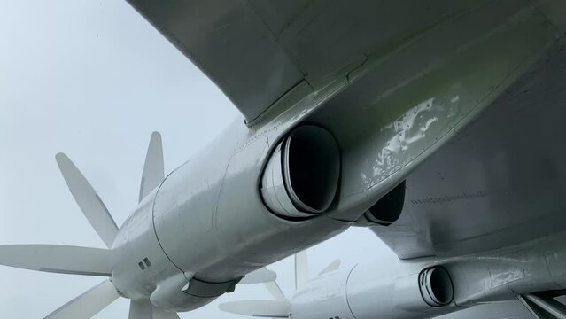 Close up shot of wings and base of a decommissioned Tupolev Tu-142