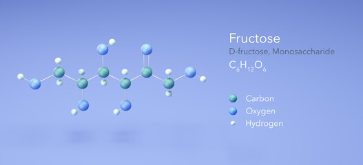 fructose, monosaccharide, Fruit Sugar, d-fructose. Molecular formula 3d rendering, Structural Chemical Formula and Atoms with Color Coding, 3d rendering