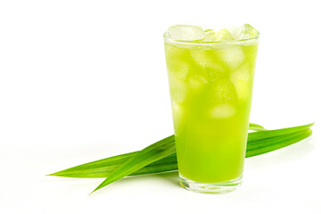 Glass of pandan juice with leaves on white background.