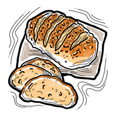 Tasty fresh bread from oven. Healthy food to every day dish. For bakery shop logo, cafe poster, restaurant menu. Hand drawn illustration. Cartoon retro vintage line style drawing.