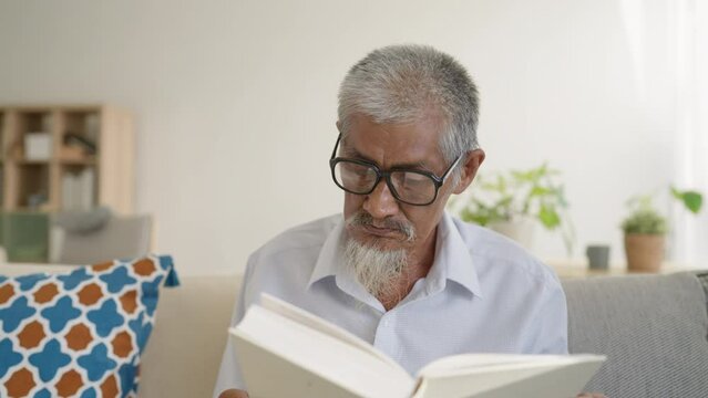 Asian senior older man grey hair reading book while sitting on sofa at home
