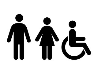 Man, woman, disabled toilet icons. Vector restroom signs. Black silhouettes of people isolated on white.