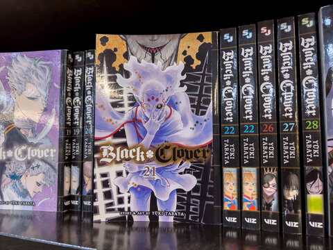 Bellevue, WA USA - circa July 2022: Close up, selective focus on Black Clover manga for sale inside a Barnes and Noble.
