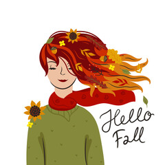 Autumn portrait of a girl in a scarf. Vector graphics.