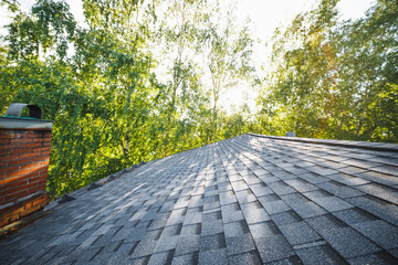 renovated roof with shingles roof-tiles of a house, green trees background with sunlight