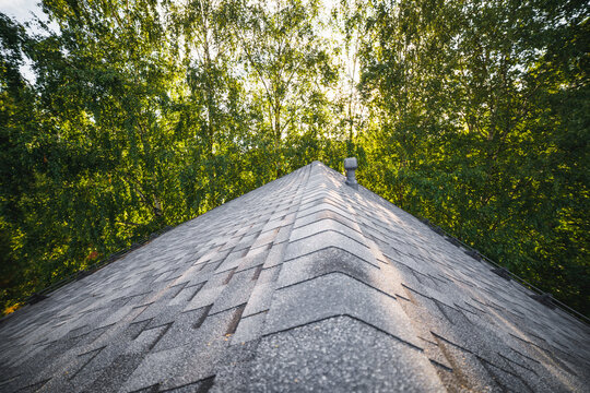 renovated roof ridge with shingles roof-tiles of a house, green trees background with sunlight