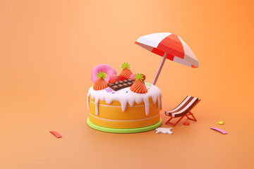 Beach chair and umbrella on soft yellow background with cute swim ring donut 3d illustration