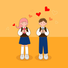 휴대폰을 들고 있는 남학생과 여학생 정면모습