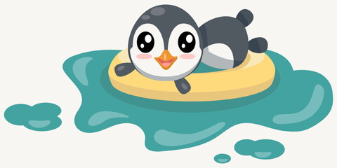 Penguin in swimming pool with swim ring kawaii cartoon illustration