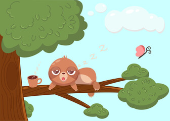 Cartoon illustration sloth on the tree with cup of coffee butterfly and clouds