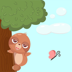 Cartoon illustration sloth hanging on the tree with butterfly and clouds