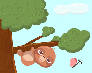Cartoon illustration sloth hanging on the branch of tree with butterfly and clouds
