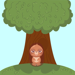 Cartoon illustration sloth hanging on the tree with butterfly and clouds