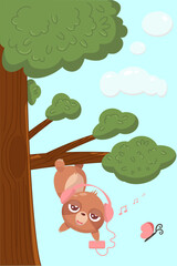 Cartoon illustration sloth hanging on the branch of tree with headphones and butterfly and clouds