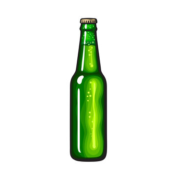 Green bottle of beer, soda or lemonade. Hand drawn vector illustration isolated on white.