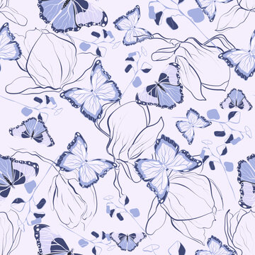 Seamless botanical vector pattern with magnolia flowers, eucalyptus and butterflies on a violet background 