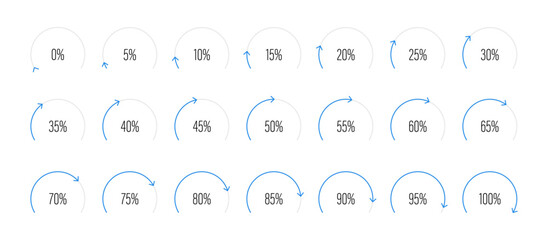 Set of circular sector arc percentage diagrams meters from 0 to 100 ready-to-use for web design, user interface UI or infographic - indicator with blue