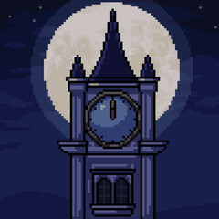pixel art clock tower midnight