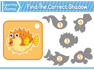 Find The Correct Shadow Find And Match The Correct Shadow Of Puffer Fish. Kids Educational Game. Printable Worksheet Vector Illustration